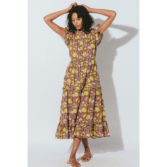 Cleobella Harper Midi Ruffle Tiered Dress Medium Yellow Floral Brown Coquette - Picture 1 of 2